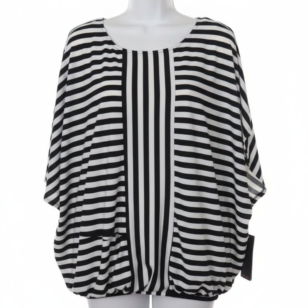 AB STUDIO Women's Black White Striped ELASTIC BUBBLE Bottom Dolman Top LARGE